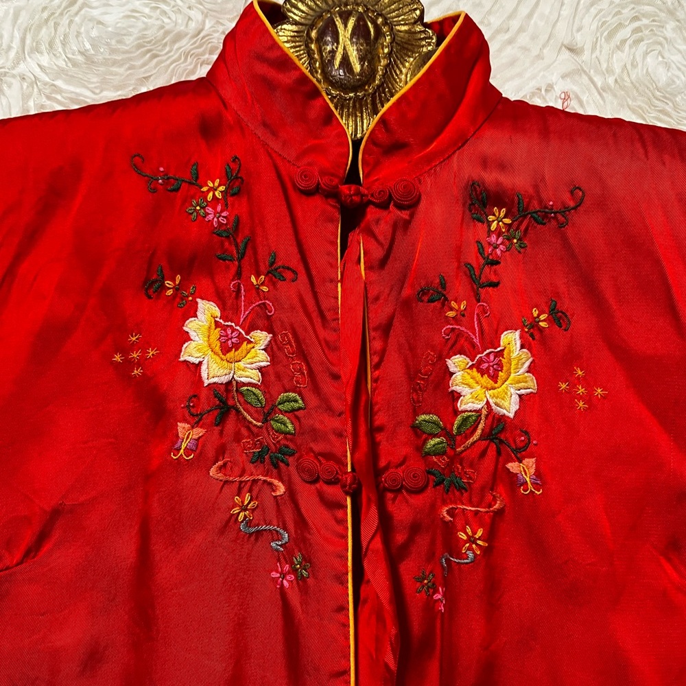 Vintage Red Satin Embroidered Chinese Mandarin Pajama Set Pjs XS - Picture 4 of 7